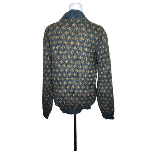 Vintage 60s Wool Cardigan Sweater Women's Size L Green Gold Chunky Knit Fleur De - Picture 3 of 7